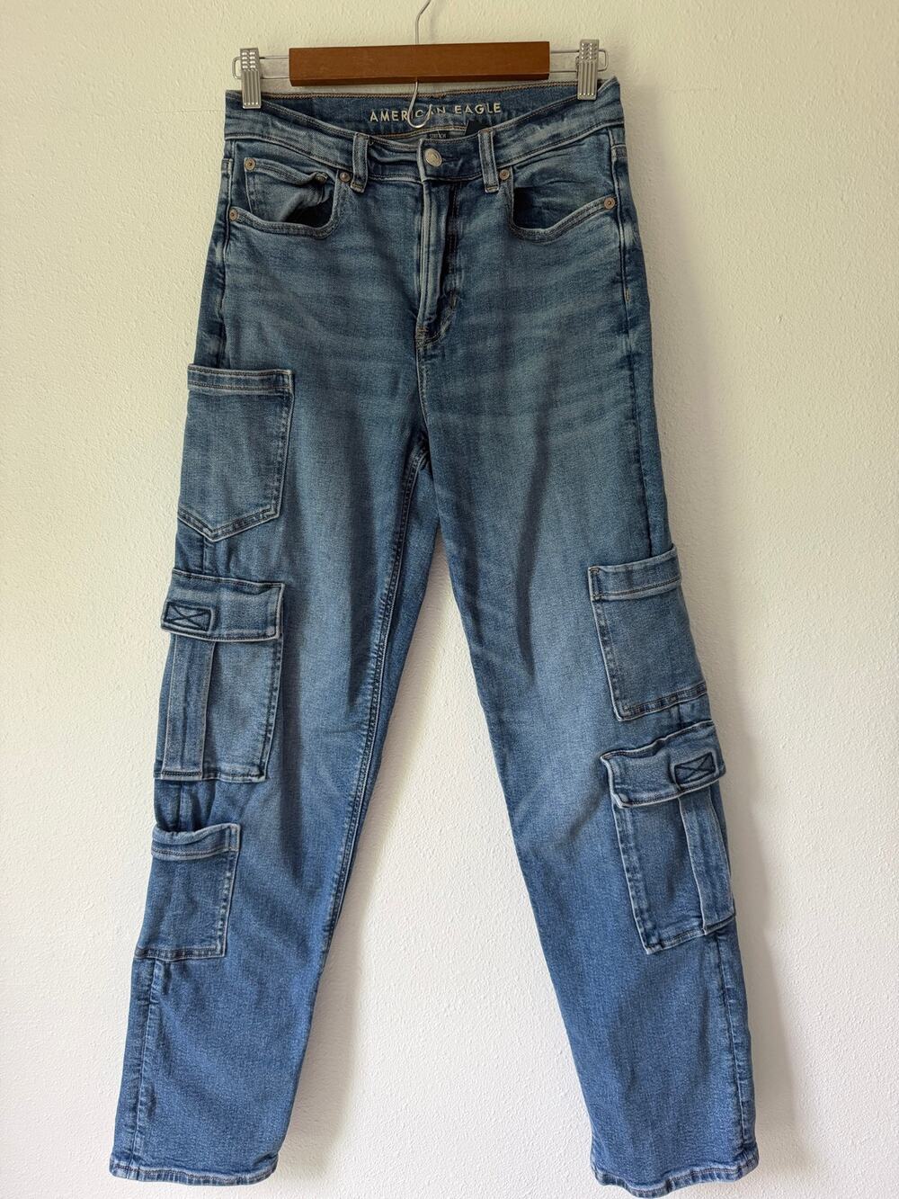 American Eagle Blue Denim Cargo Jeans Utility Pockets Size 2 Casual Streetwear